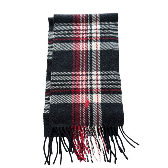 Vintage Ralph Lauren Red & Black Plaid Lambswool Fringed Scarf - Picture 1 of 7